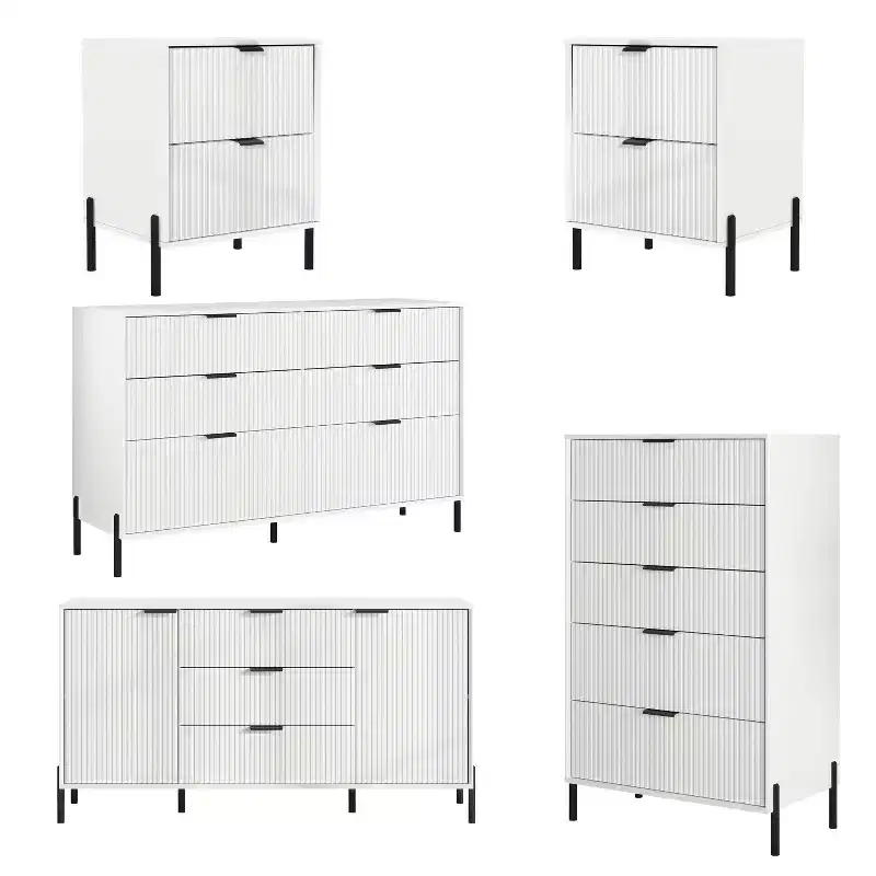 Festivo 5pc Modern Elegance Bedremm Chest and 2 Dressers and 2 Drawer Nightstands Set Off-White