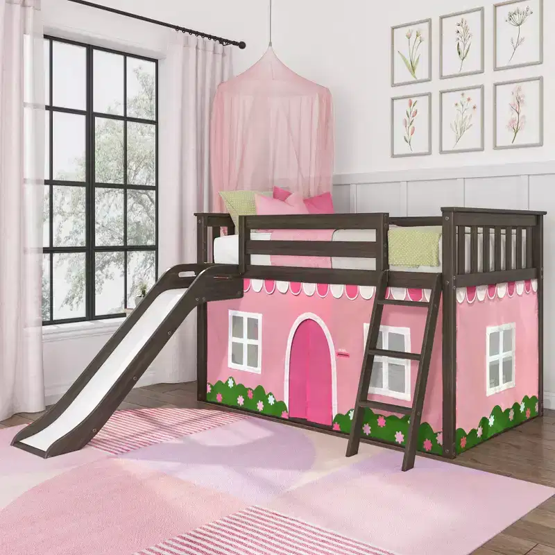 Twin Over Twin Low Bunk With Easy Slide & Light Pink & White Farmhouse Curtain