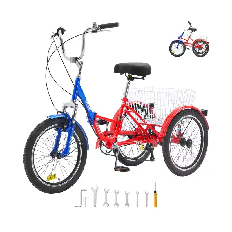 VEVOR Folding Adult Tricycle, 20-Inch 7-Speed Adult Folding Trikes, Carbon Steel 3 Wheel Cruiser Bike with Large Basket & Adjustable Seat