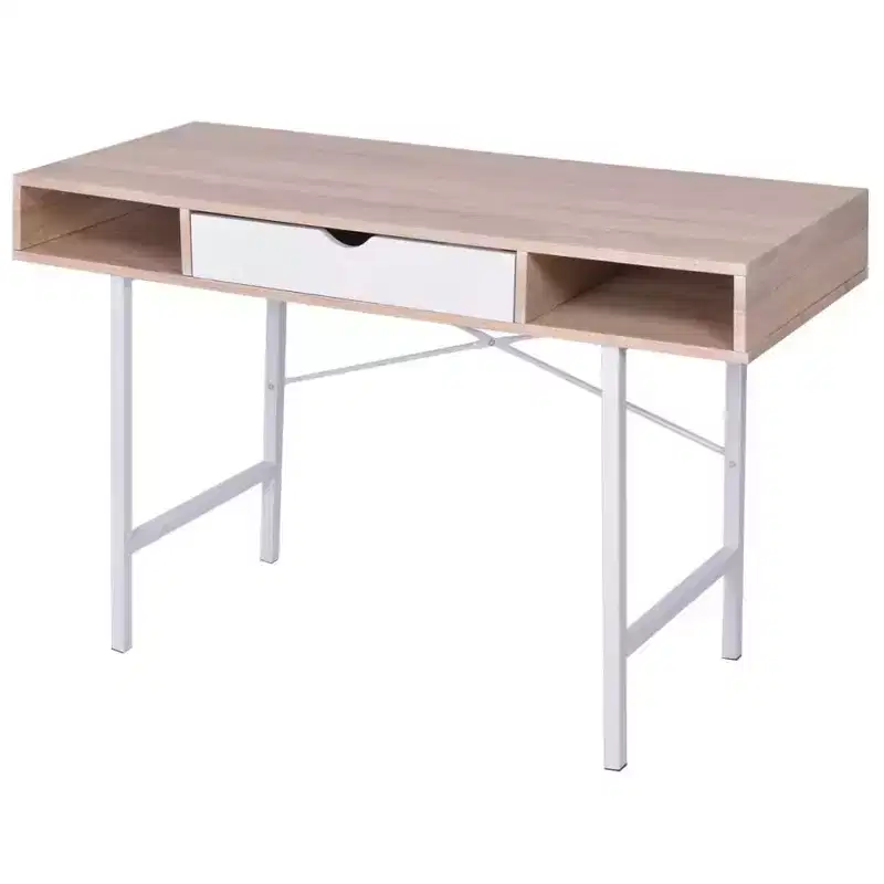 Modern Desk with 1 Drawer, Oak & White Finish, Metal Legs, 47x19x30 in