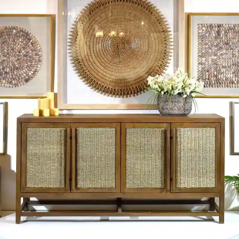 4 Door Large Storage Cabinet with Seagrass Panels and Teak Handles
