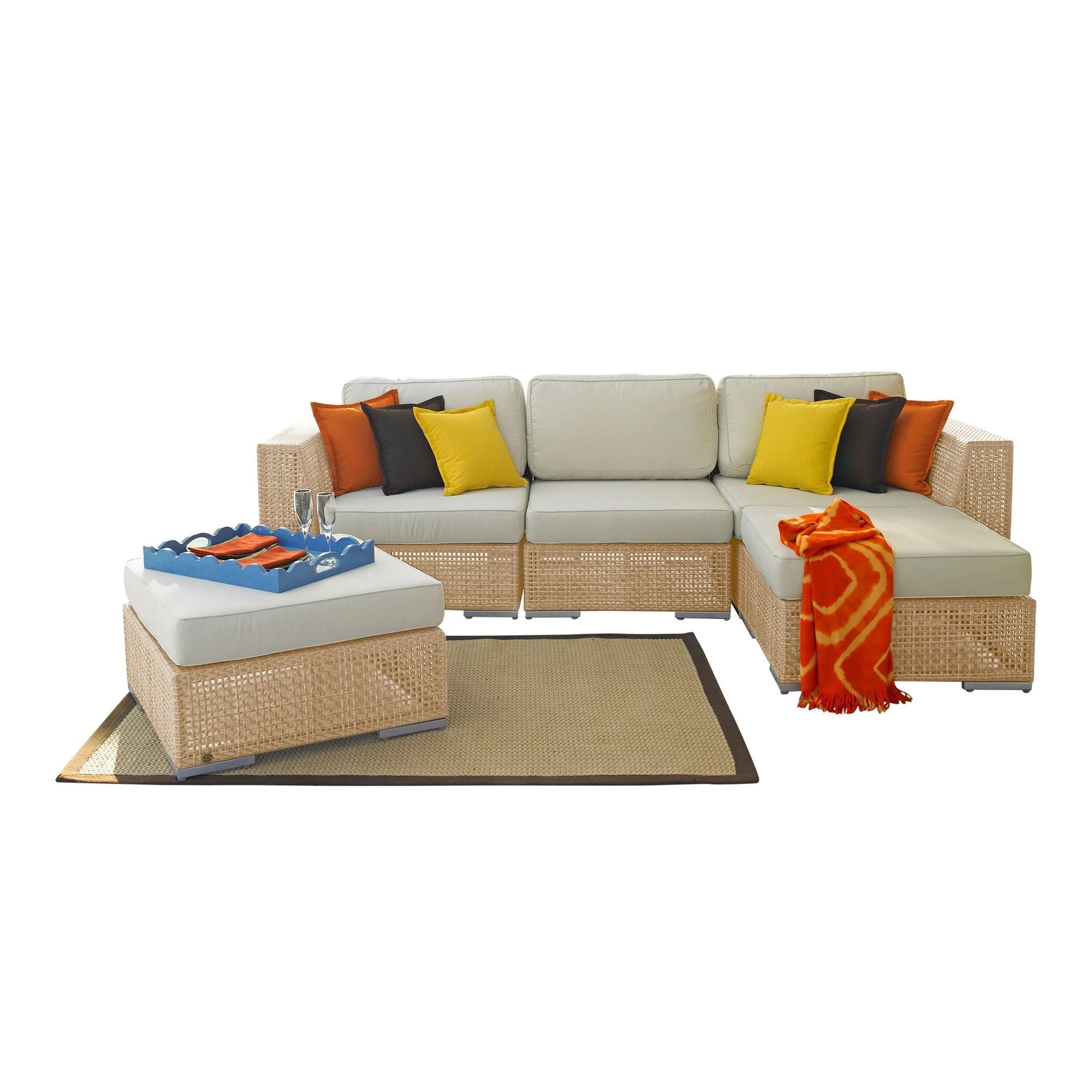 Outdoor Wicker Sofa with Cushions in Natural Beige for Patio and Garden