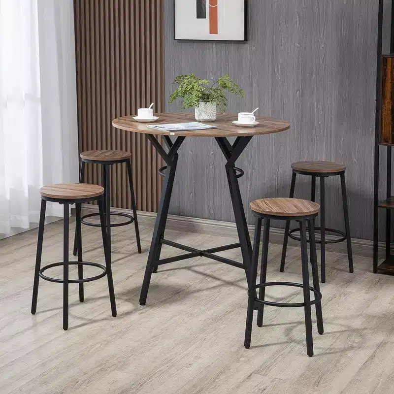 HOMCOM Industrial 5-Piece Bar Table and Chairs Set, Space Saving Dining Table with 4 Stools for Pub and Kitchen, Brown