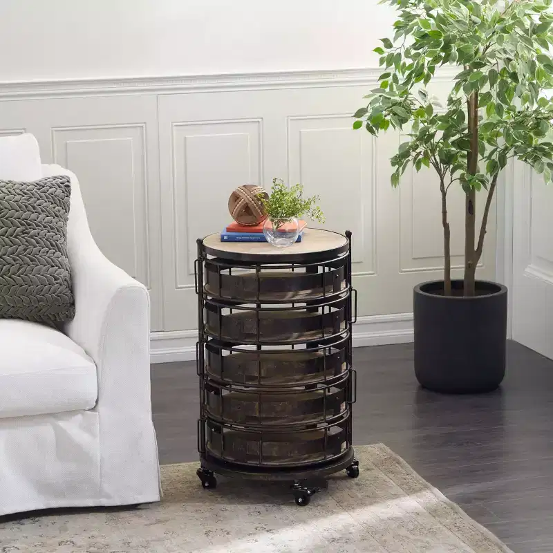 Farmhouse Metal Storage Cart Brown - Olivia & May: Utility Rolling Cart with 5 Drawers & 6 Shelves, Iron Construction