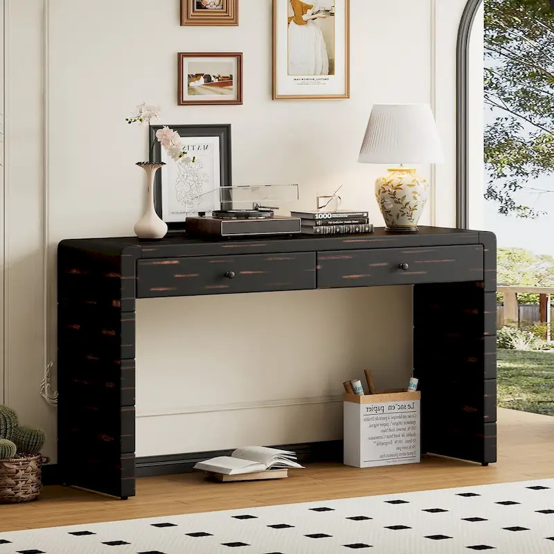 Curved Wooden Entryway Console Table with Storage, 2 Drawers, Rustic