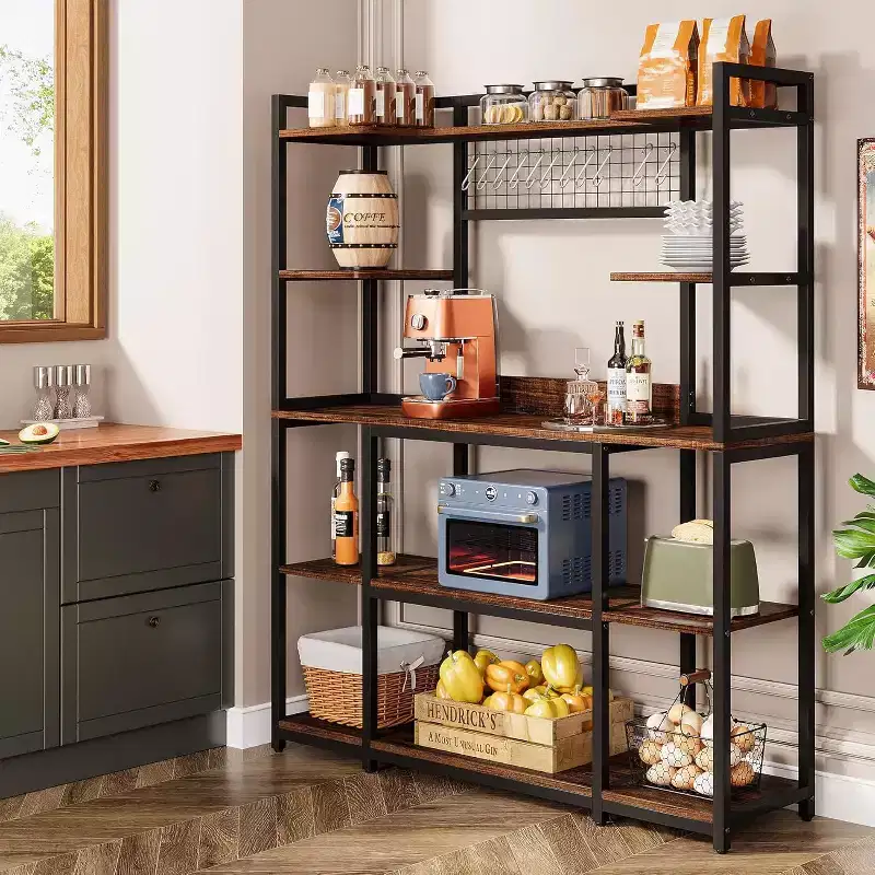 Lantine 55-Inch Kitchen Bakers Rack, 5-Tier Microwave Stand with Metal Frame, Large Coffee Bar Station with 11 Hooks, Rustic Brown
