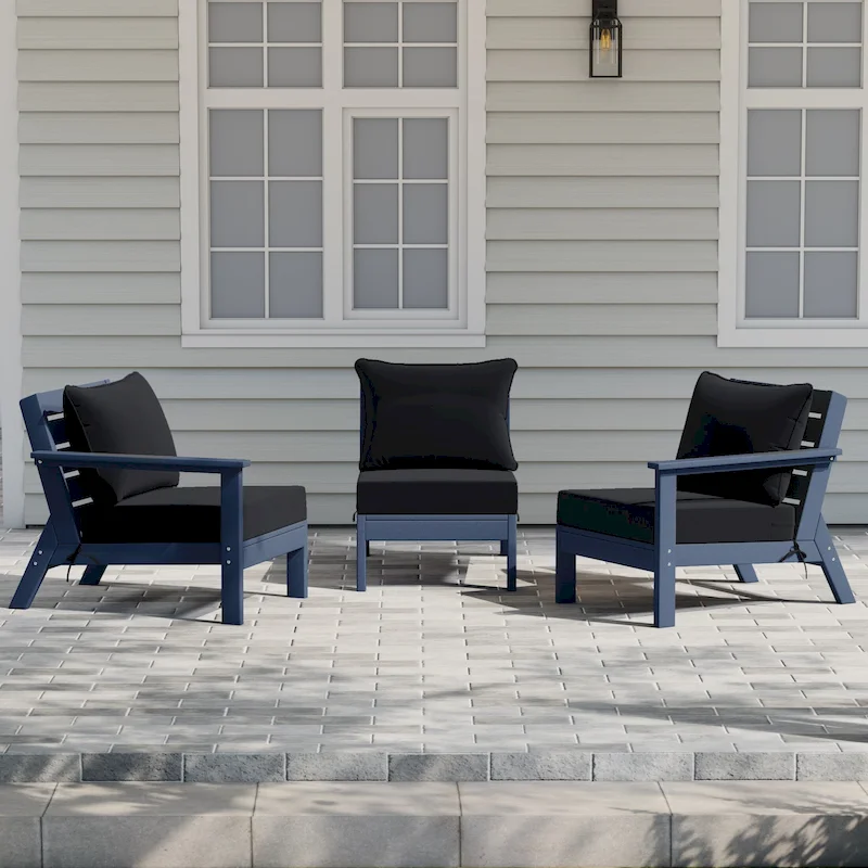 Polytrends Birchwood All Weather HDPE Outdoor Patio Deep Seating Navy Blue Sofa With Cushions (3-Piece)