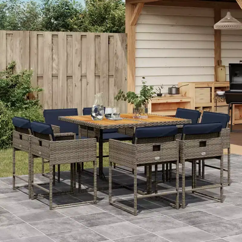 vidaXL Patio Dining Set Set of 8 Gray PE Rattan 9 Piece Set Foldable