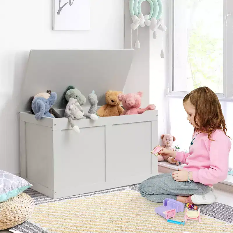 Kids Wooden Toy Box Storage Chest Bench with Flip-Top Lid & Safety Hinge – 28
