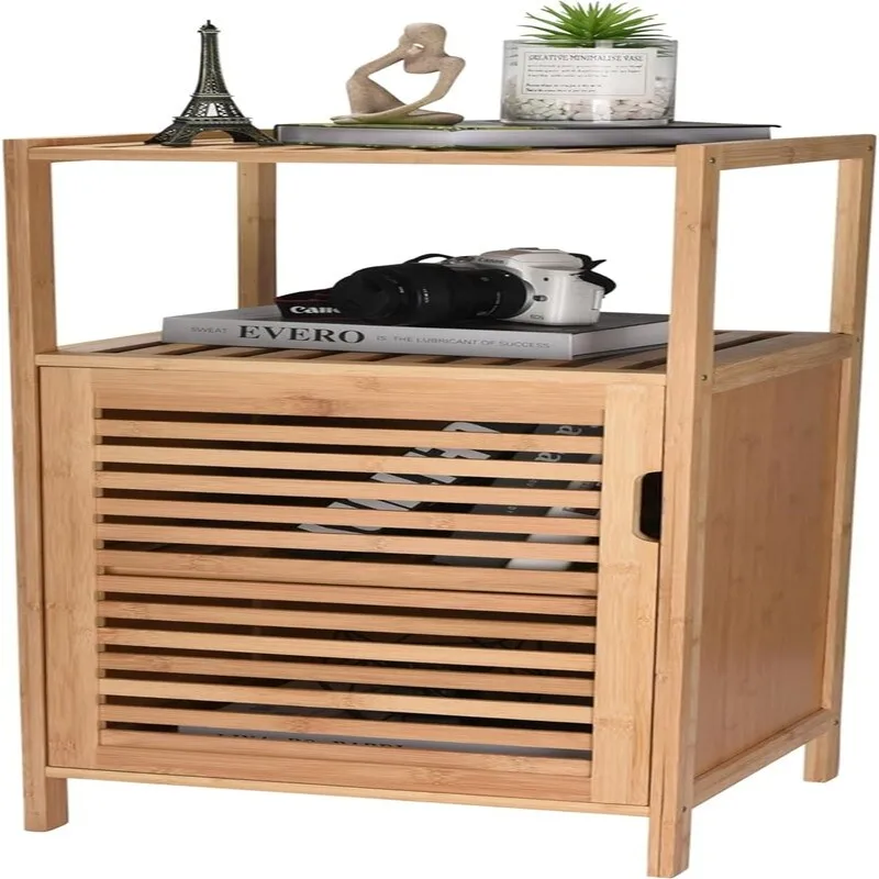 Bamboo Shoe Rack Cabinet Shelf Storage with Doors for Bathroom - 13.2D x 14.4W x 33.8H
