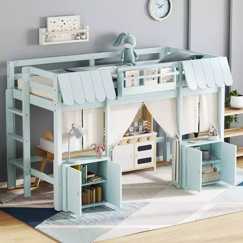 Bellemave Montessori Loft Bed with Bookshelf, Curtain, Storage Shelf and Guardrail, Amusement Playful Design for Kids