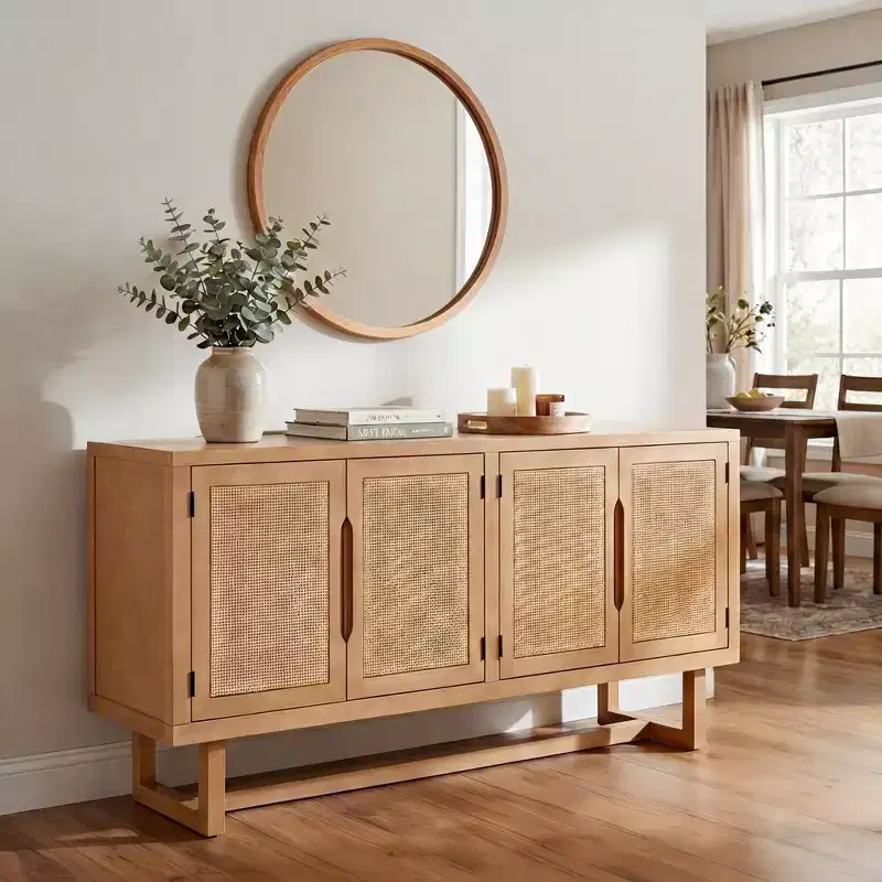 Christopher Knight Home Larkspur Modern 4-Door Acacia Wood and Cane Sideboard Cabinet