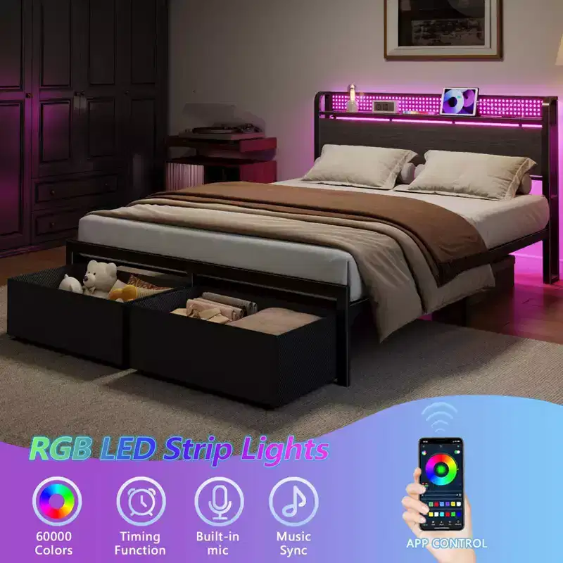 Queen Size Platform Bed Frame 2 Storage Drawers Headboard LED Lights Charging Station Heavy Duty Metal Wood No Box Spring Needed Guest Bedroom USB