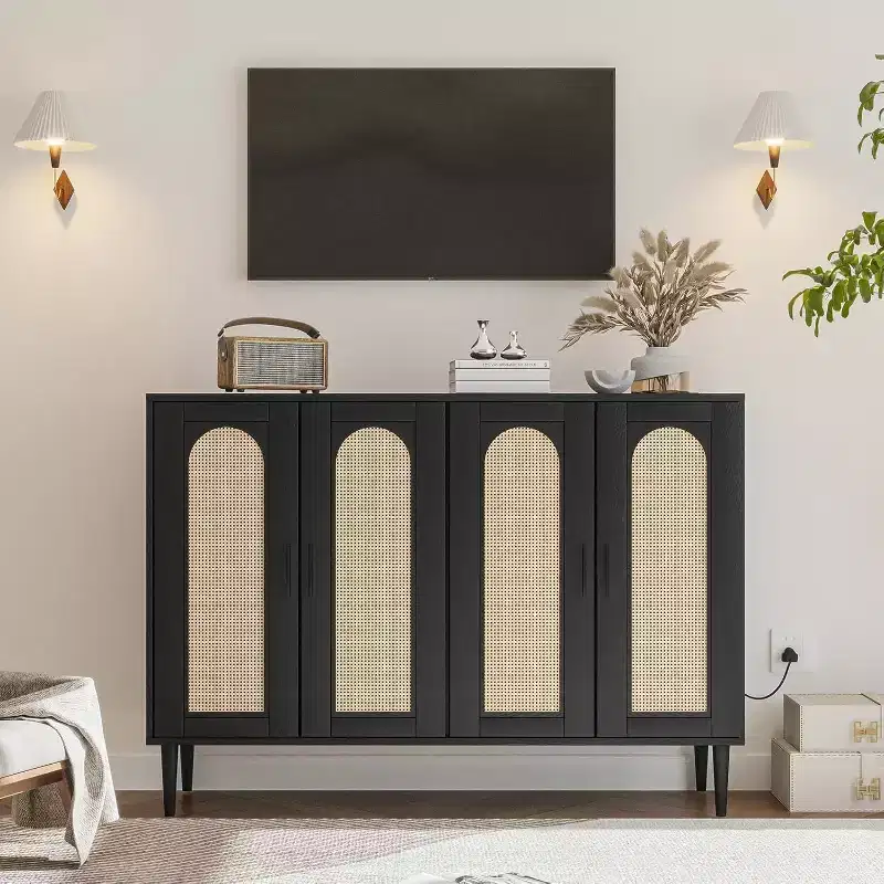Rattan Sideboard with Power Outlet, Boho Buffet Cabinet, 4-Door Storage for Dining & Living Room