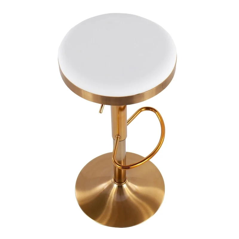 Set of 2 Counter Bar Stools | Gold Steel Frame | White Faux Leather | Adjustable Height