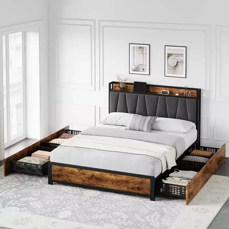 Bed Frame with Storage Headboard and Charging Station,Vintage Brown Platform