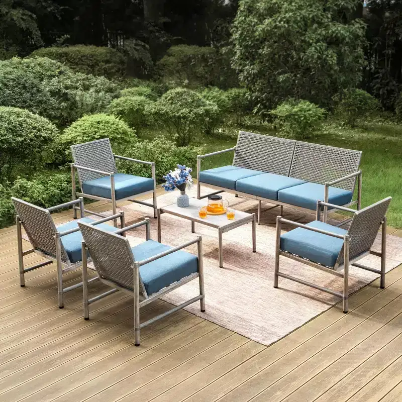 Captiva Designs Coastal 6pc Patio Steel and Rattan Sofa Conversation Set with Coffee Table