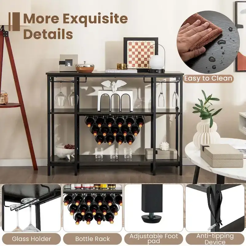 Wine Rack Bar Table with 15 Bottle Slots, Glass Holders and USB Charging Station