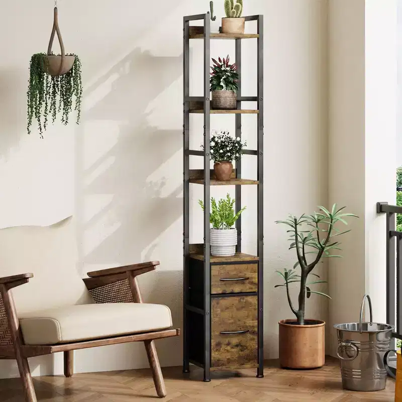 Bookshelf, Bookcase  6 Tier Industrial Tall Narrow Bookcase with 2 Fabric Drawers Metal Frame Storage Organizer