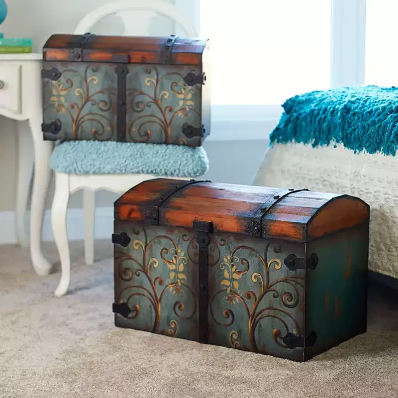 Household Essentials Vintage Decorative Trunk, Large, Sandalwood and Vintage Blue