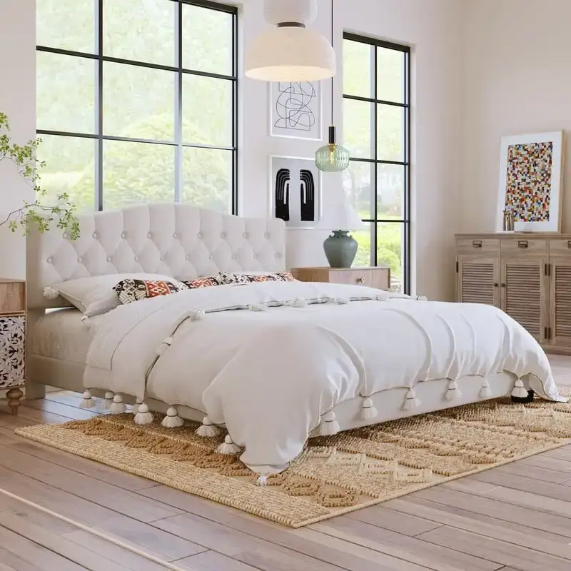 Beige Tufted Linen Platform Bed with Headboard, King, 1-Person