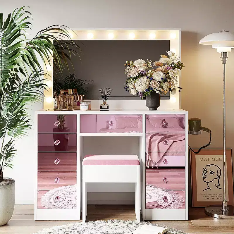 Glamorous Pink Mirrored Vanity Desk with 6 Drawers, Glass Top & Velvet Stool
