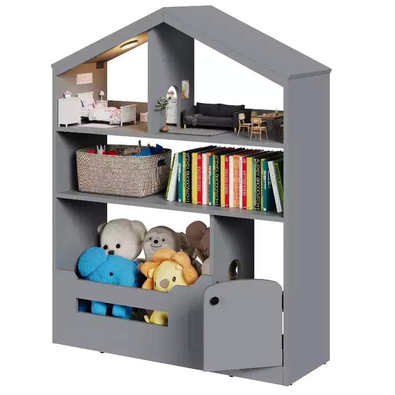 Wooden Kids Bookshelf with Toy Storage, Toddler Bookcase Featuring Motion Sensor Light, Dollhouse Design for Playroom, Bedroom, and Classroom