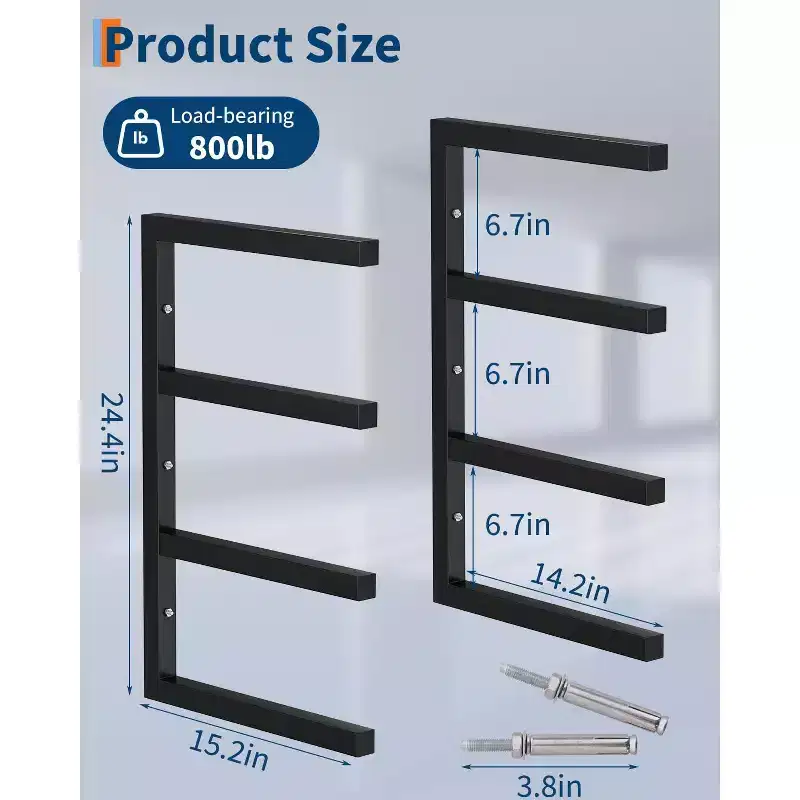 Lumber Storage Rack, Wood Organizer  Set of 4 4-Tier Wall Mount Heavy Duty Steel Shelves 1600LBS Capacity for Shed Workshop Garage Black