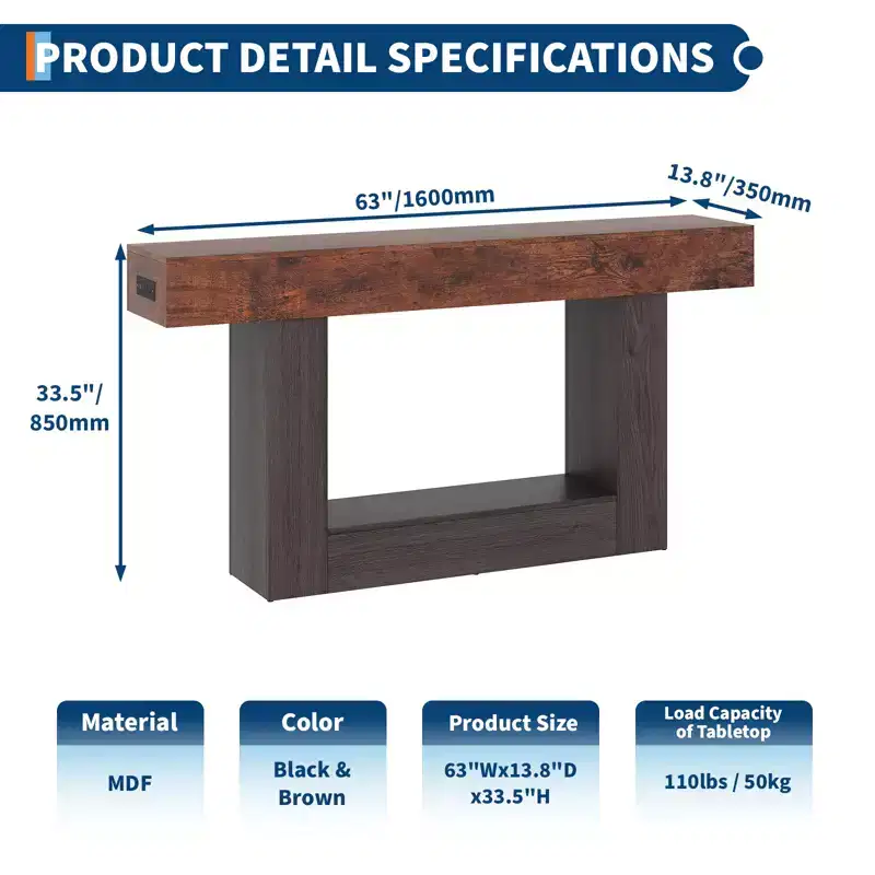 63 Narrow 2-Tier Console Table with Charging Station, Wooden Sofa Table for Entryway, Foyer, or Living Room, Behind Couch Storage