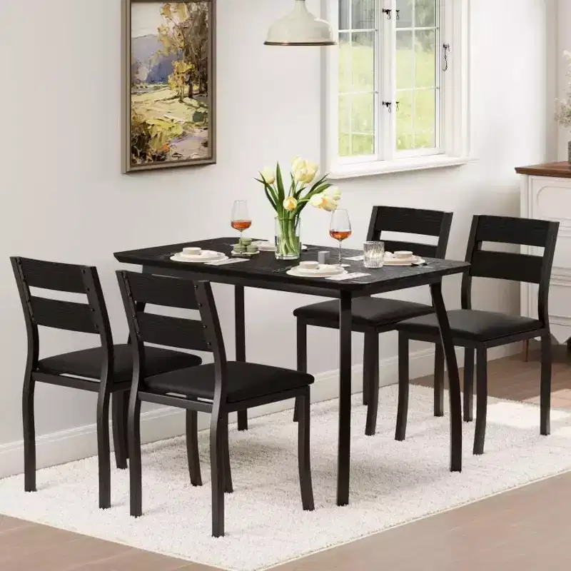 CuisinSmart Dining Table Set for 4, 5 Piece Metal Frame Kitchen Table and Chair Set with Chamfer Design, Space-Saving Dining Room Furniture