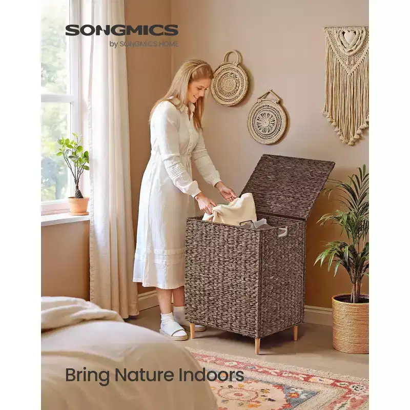 Laundry Hamper 2 Sections, 34.3 Gal. (130 L) Handwoven Water Hyacinth Wicker, with Lid, Removable Washable Liners, Handles