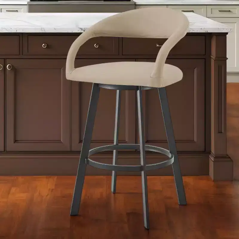 26 Beige and Black Faux Leather and Iron Low Back Counter Height Swivel Bar Chair