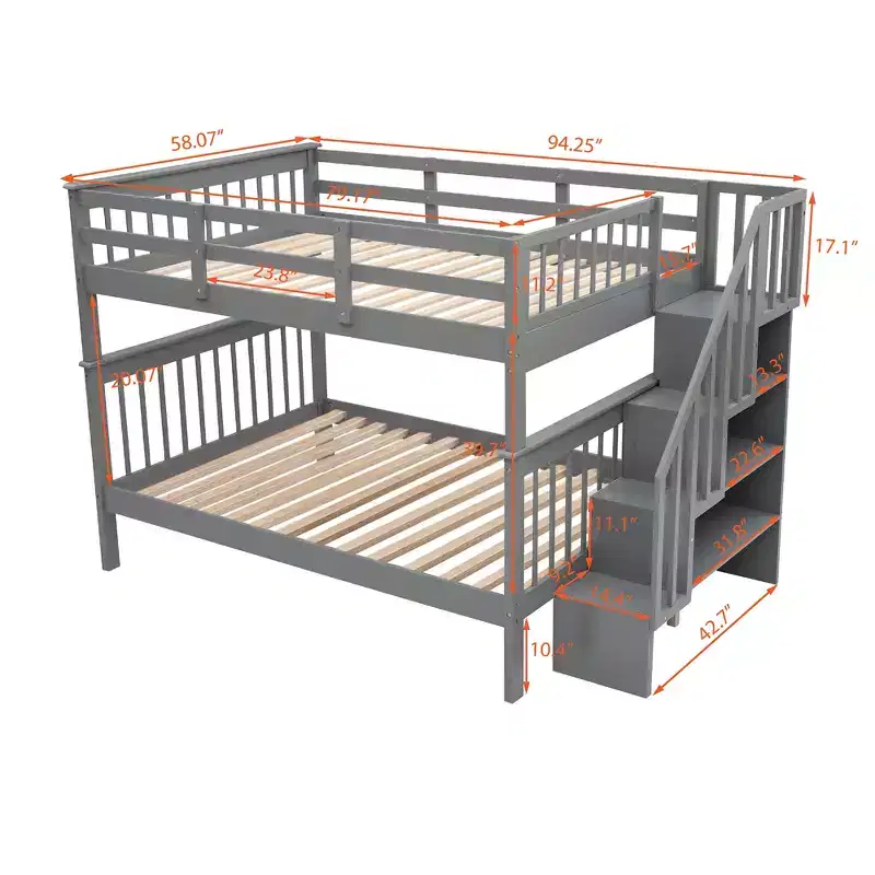 Stairway Full over Full Bunk Bed for Kids, Bunk Bed Frame with Storage Stairs and Guard Rail for Bedroom Dorm, Gray