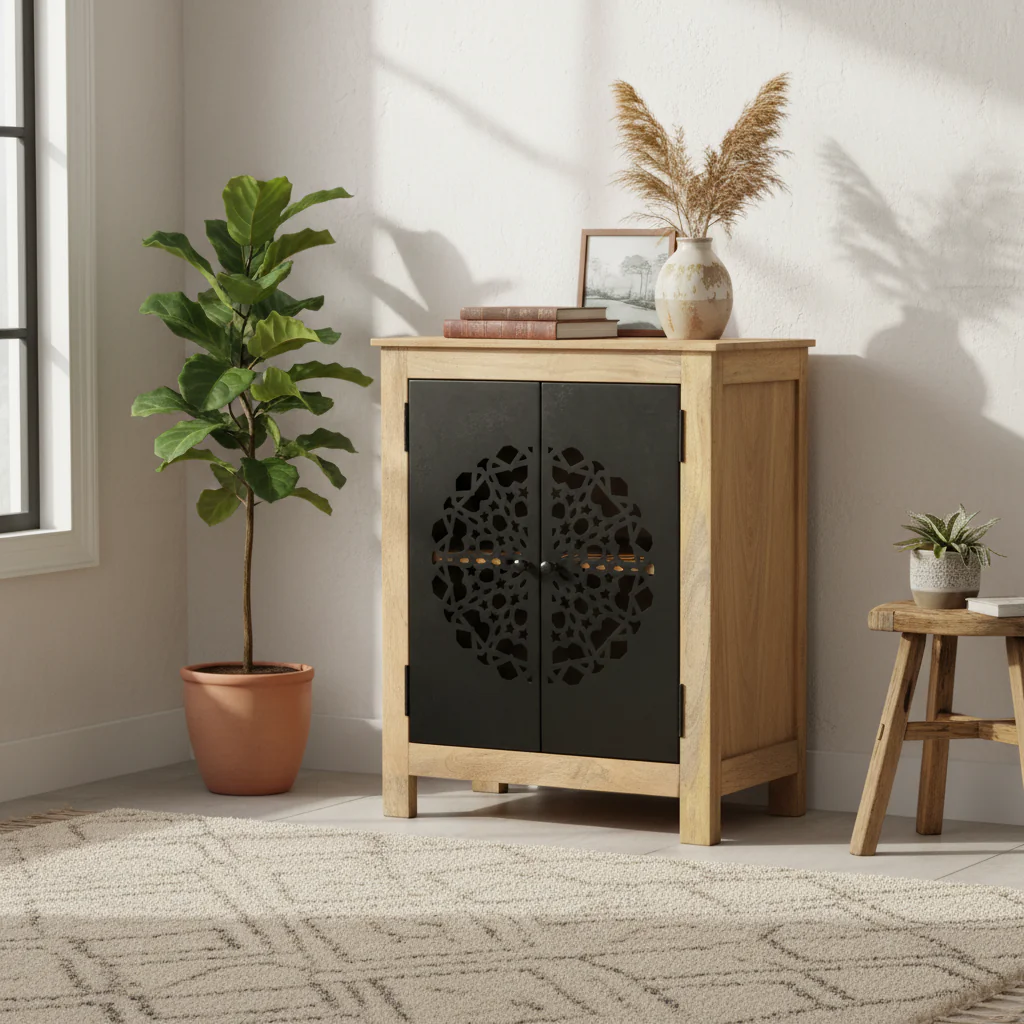 2-Door Solid Mango Wood Sideboard – Brown, Natural Finish, Powder-Coated Steel Doors