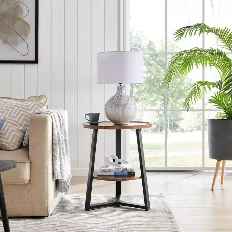 Mason Round 2-Tier Mid-Century Side Accent Table – Walnut/Black, Pedestal Legs, MDF