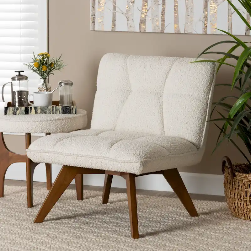 Japandi Cream Boucle Fabric and Walnut Brown Finished Rubberwood Accent Chair