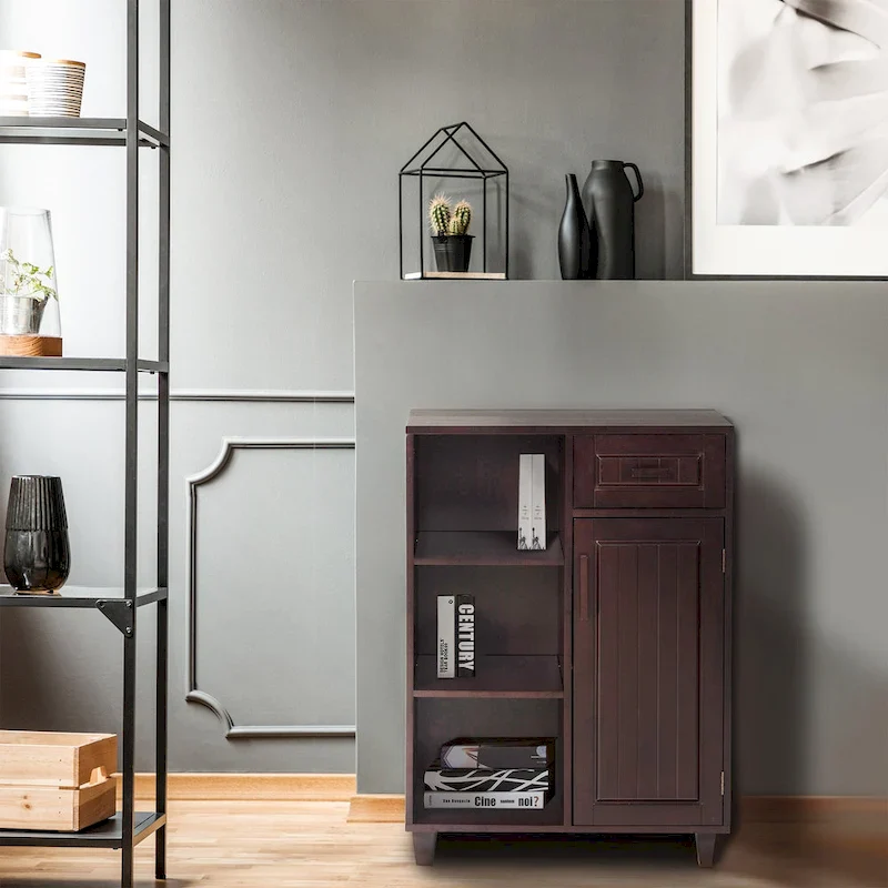 Freestanding Bathroom Floor Cabinet with Mixed Open & Closed Storage, Modern Style Linen Tower