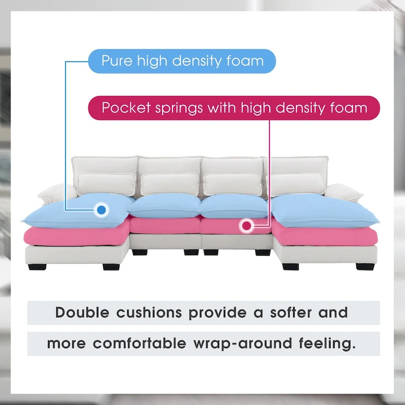 6-seat Upholstered Modern U-shaped Sectional Sofa with Waist Pillows,Sleeper Sofa Couch with Chaise Lounge,White