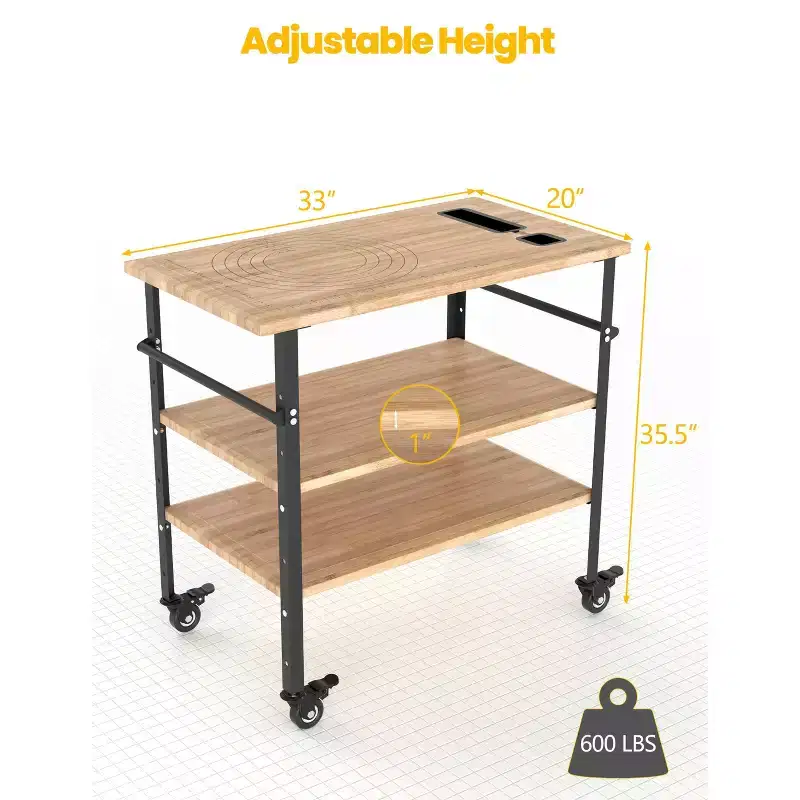 Pizza Oven Table, Outdoor Grill Table with 4 Wheels, Bamboo Wood Outdoor Bar Cart Dining Prep Table with Wine and Glasses Rack, Three-Shelf Table