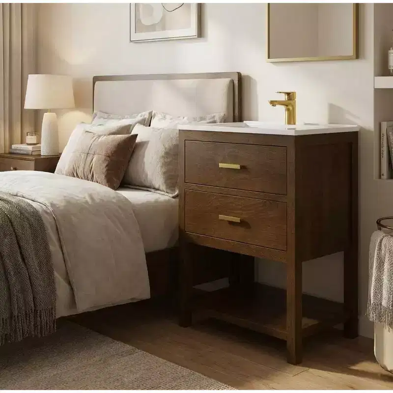 30 Inch Bathroom Vanity with Sink, Farmhouse Storage Cabinet with Drawers & Open Storage Shelf, Easy Assembly, Adjustable Feet, Walnut