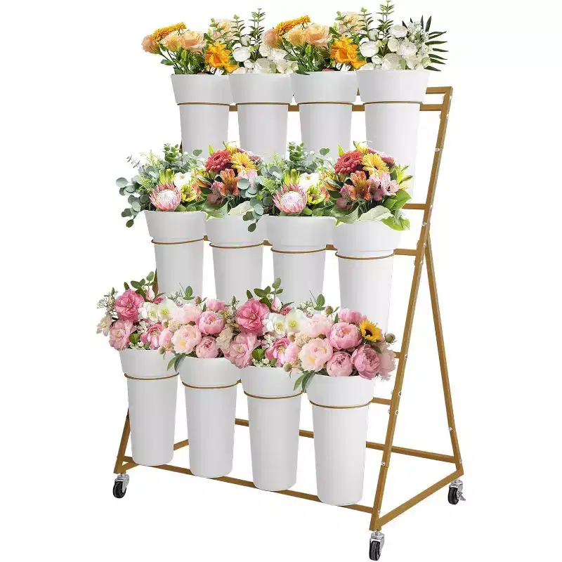 3-Tier Metal Flower Display Stand with 12 Buckets,Mobile Plant Rack with Wheels,Indoor & Outdoor Garden, Patio, Wedding, Flower Shop Use
