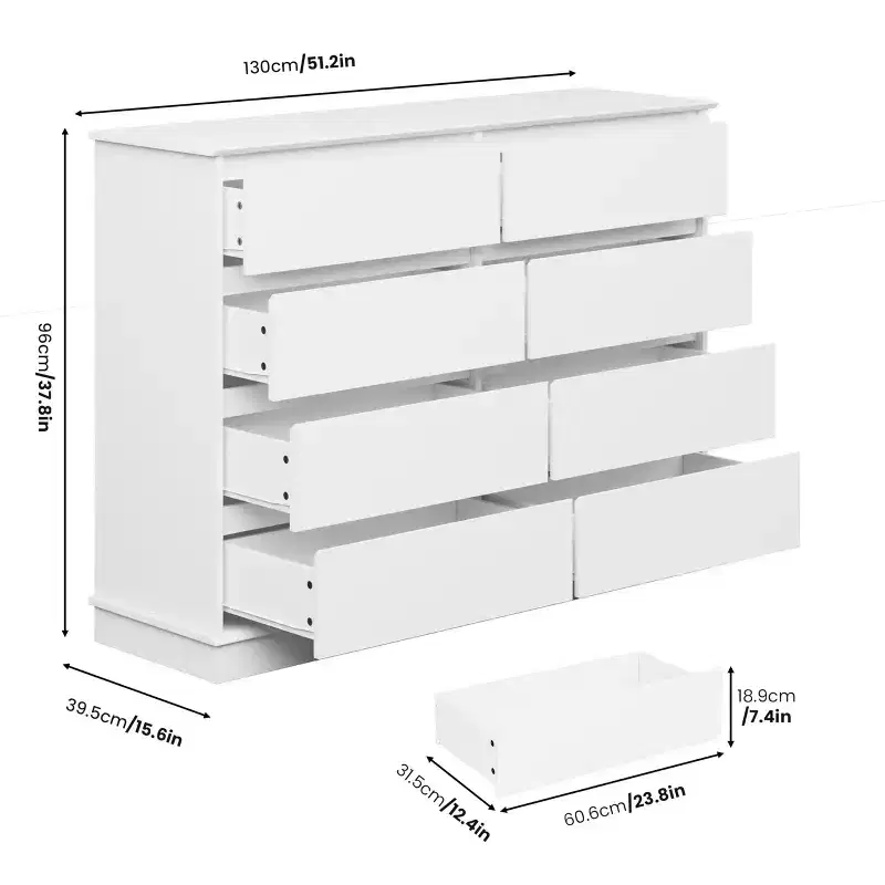 Modern Dresser for Bedroom with 8 Drawers, Wide Chest of Drawers, Wooden Storage Organizer Unit for Closet, Living Room, Kids Room, Nursery, White