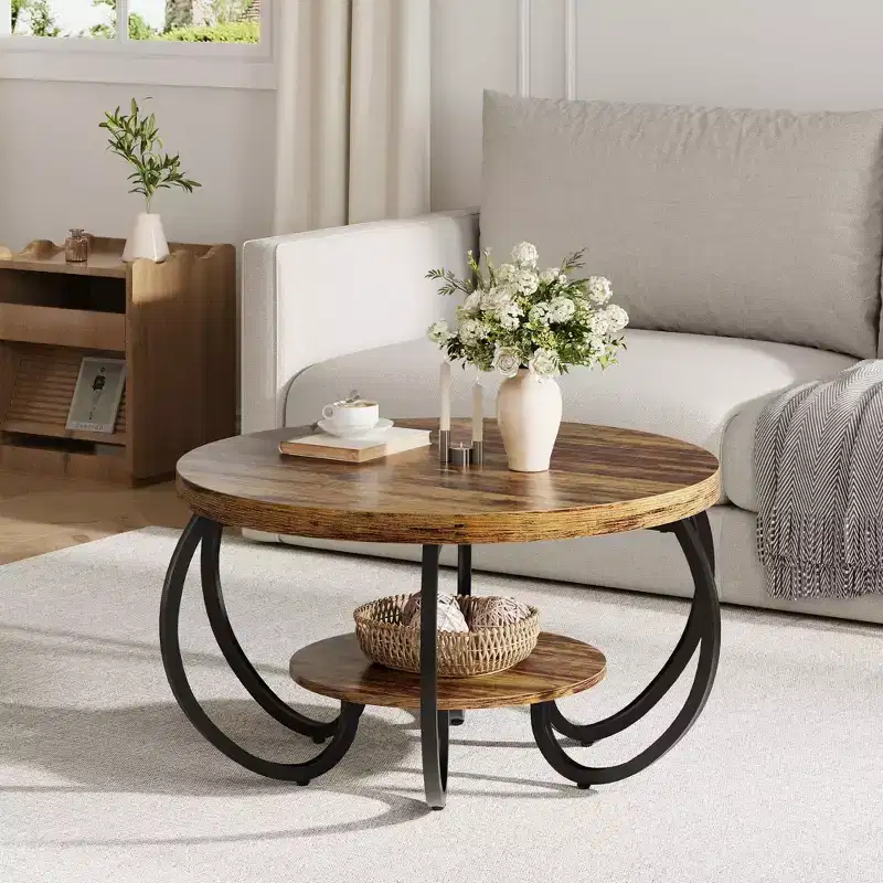 30 Inch Round Industrial Coffee Table 2-Tier with Adjustable Feet Wood Grain Shelf Flame Design Easy Assembly Living Room