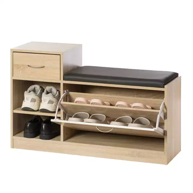 Basicwise Wooden Entryway Shoe Storage Bench with Cushion
