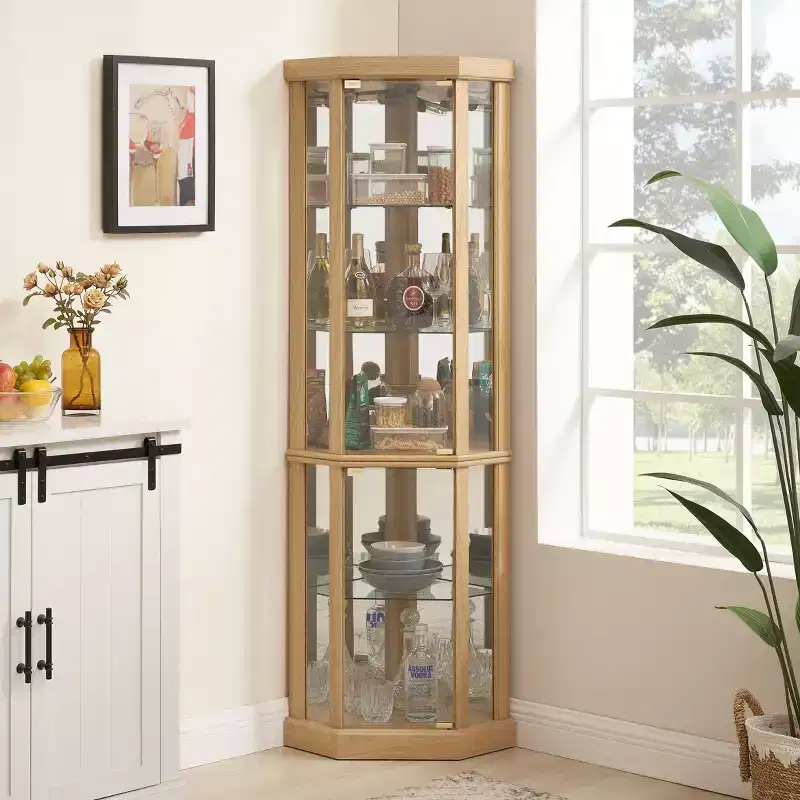 Corner Curio Cabinet with Glass Doors and Shelves, Corner Display Case for Living Room