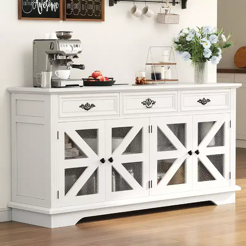 63 Coffee Bar Buffet Cabinet with 4 Mesh Barn Doors & 3 Drawers, Built-in Charging Station & 4 Adjustable Shelves, Storage Cabinet for Living Room