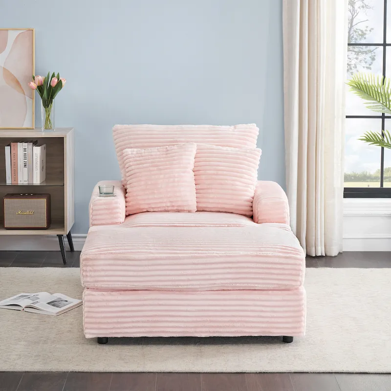 Pink 39.37 Corduroy Upholstered Single Armchair Sofa with Ottoman and Cup Holder for Lving Room