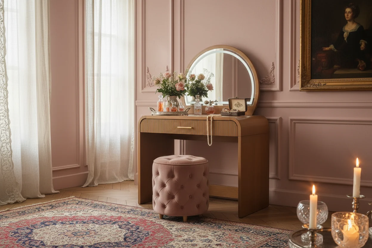 Makeup Vanity Table with Large Mirror and Touch Screen, Vanity Desk with Large Drawer and Arched Corner, Dressing Table for Bedroom