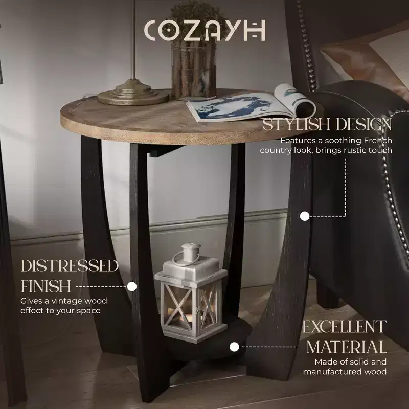 COZAYH Rustic Farmhouse Round End Table, Storage Shelf for Living Room, Set of 2