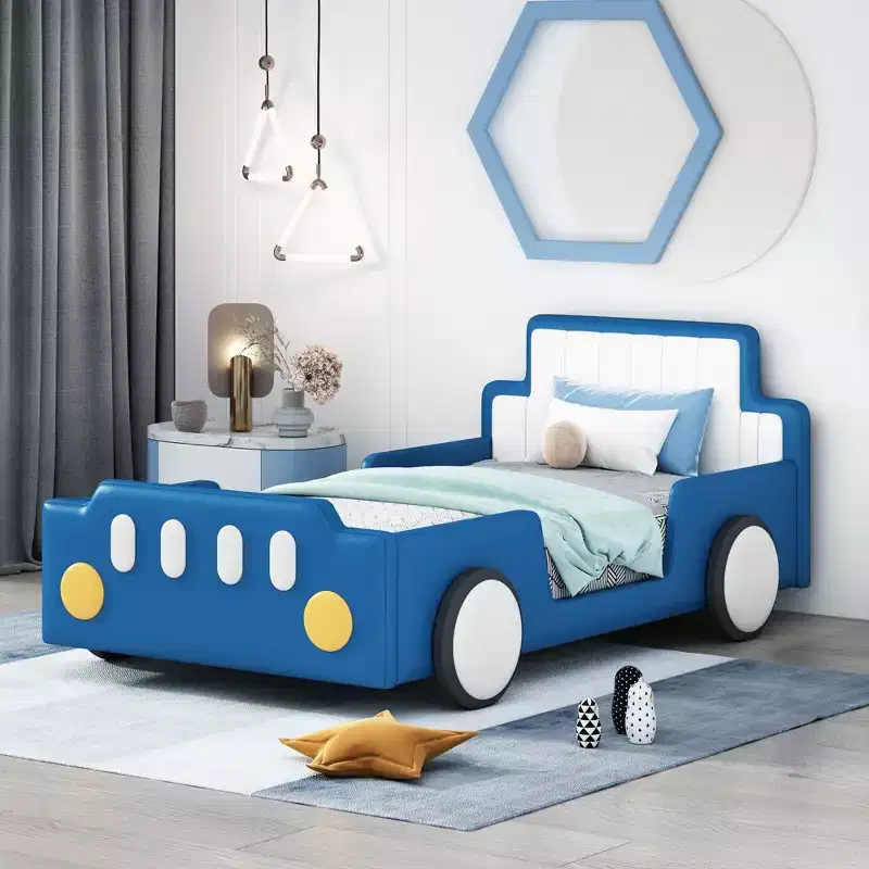 Bellemave Twin Size Race Car-Shaped Platform Bed with Wheels, with Headboard and Footboard, for Boys,Blue